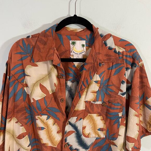 Banana Cabana Men's Brown Floral Hawaiian Silk Button Up Shirt Size L - Picture 2 of 7